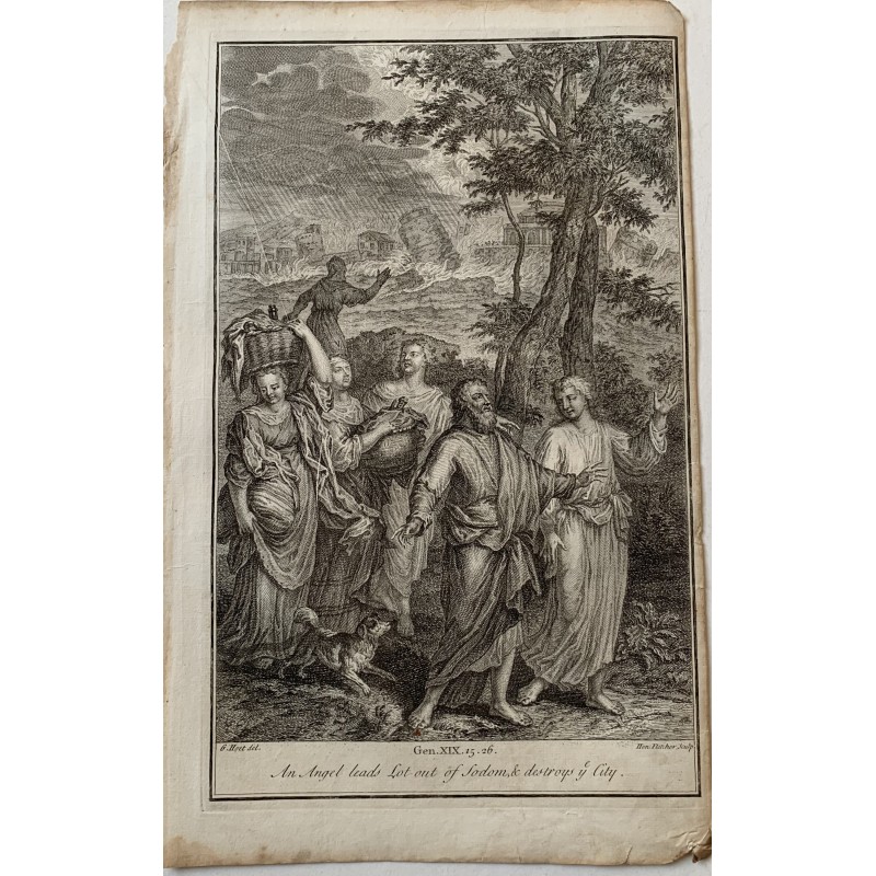 Bibel. Ein Engel warnt Lot vor der Zerstörung Sodoms. Kupferstich von H. Fletcher