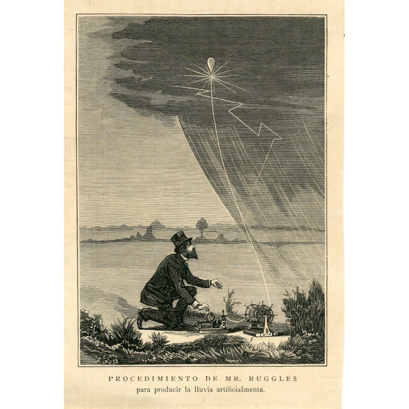 Il procedimento del signor Ruggles per produrre pioggia artificiale. Xilografia.