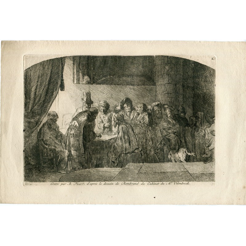 Judas reçoit 30 pièces d'argent (gravure de Rembrandt par B. Picart)