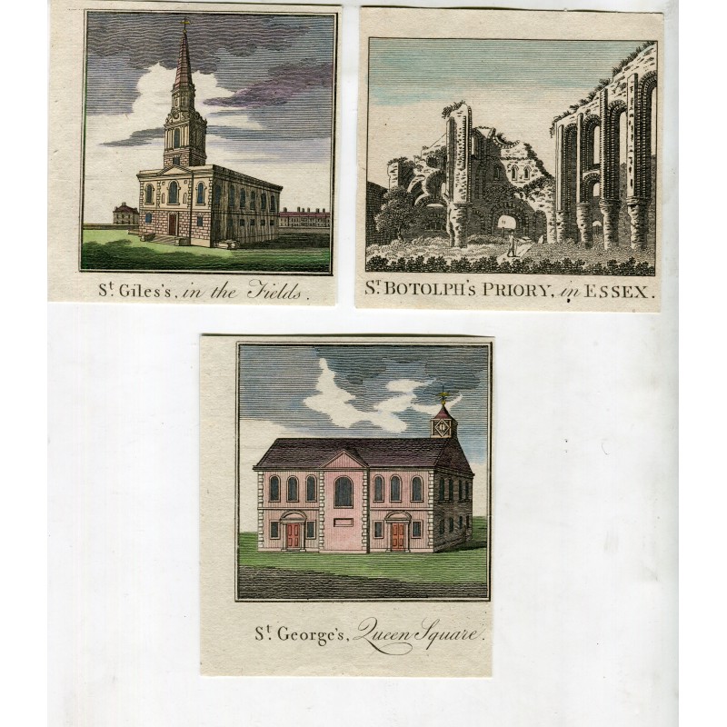 Three small engravings of churches in England, 1785