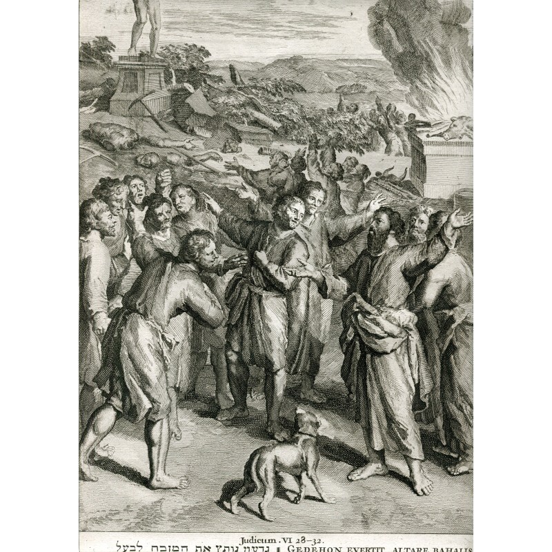 Scènes bibliques néerlandaises - Gravure ancienne - Gédéon renverse l'autel de Baal (vers 1720)