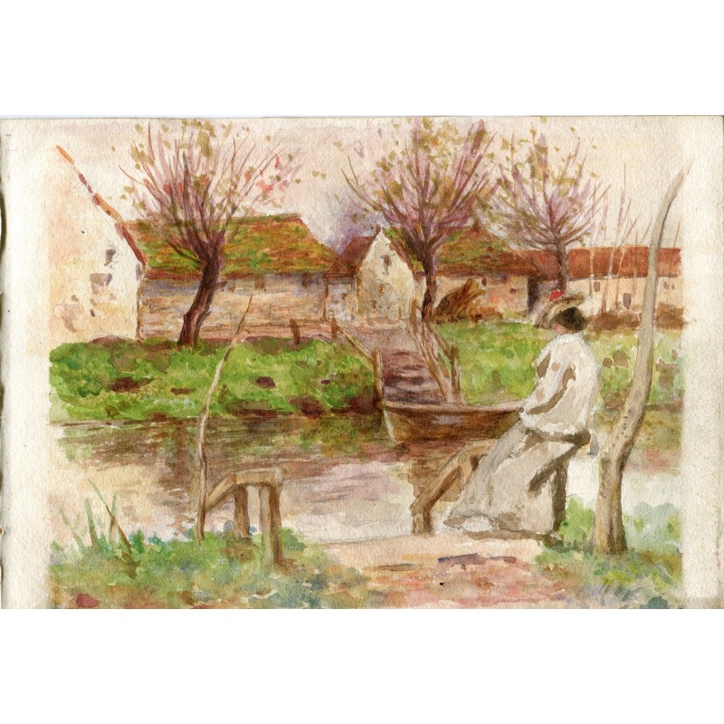 Lady in a Landscape. Anonymous watercolor from the English school, 19th and 20th centuries.