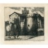 19th-20th century engraved castle, signed in illegible pencil. The location is unknown.