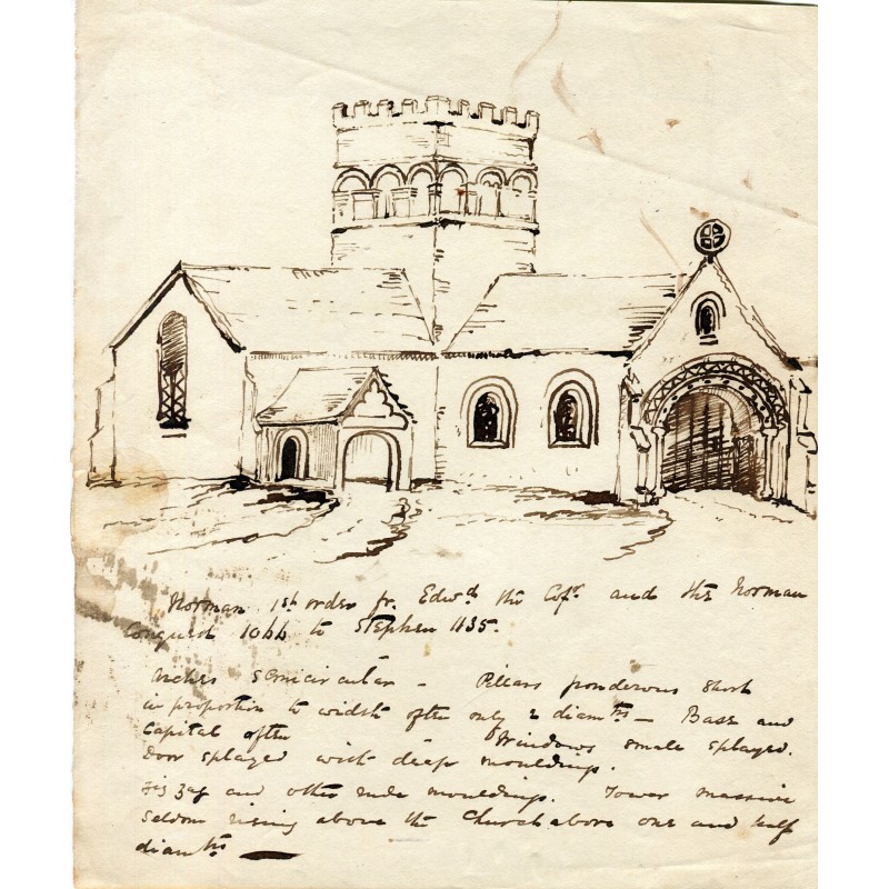 Architecture, watercolor drawing with original explanatory writing