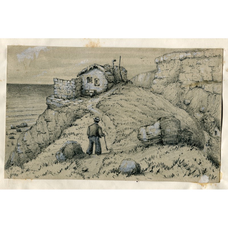 House and figure in landscape. Anonymous 19th-century drawing, possibly English.