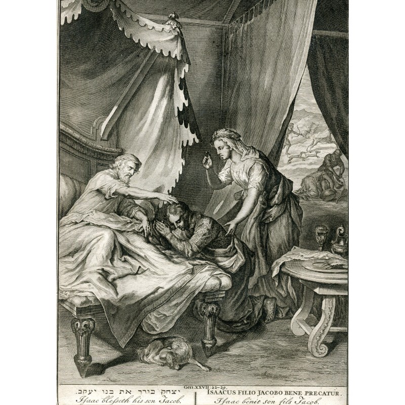 Niederländische Bibelszenen - Antike Gravur - Isaak segnet Jakob (ca. 1720)
