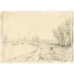 Paesaggio costiero con figure e mulini a vento, firmato EJH, datato 1852