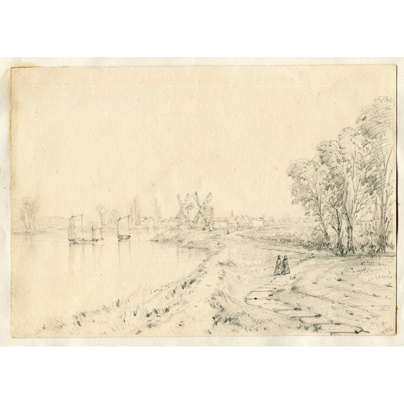 Küstenlandschaft mit Figuren und Windmühlen, signiert EJH, datiert 1852