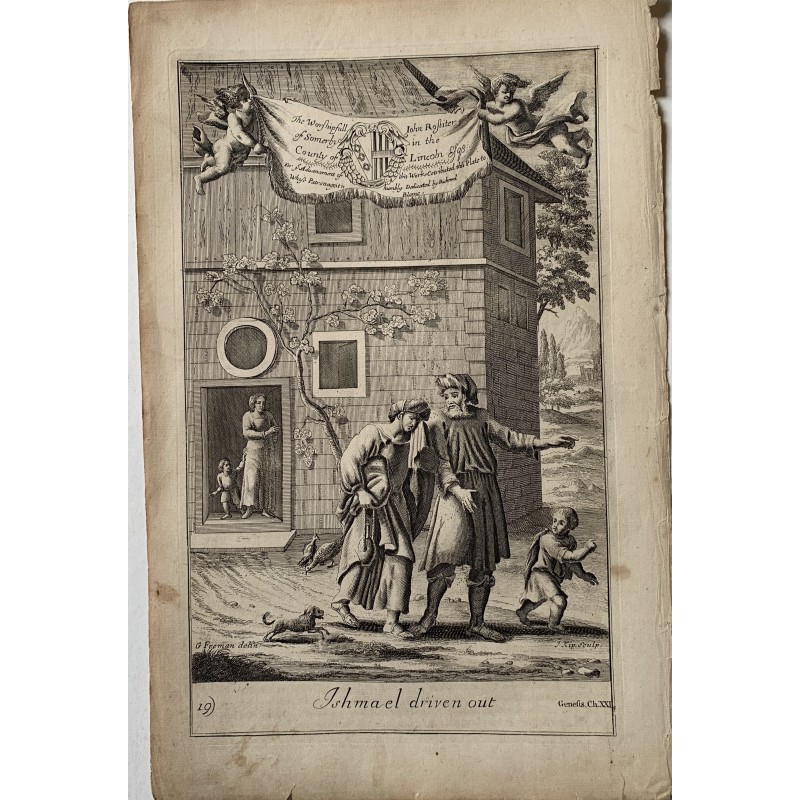 Bibbia. Genesi. Ismaele cacciato. Incisione di J. Kip da un disegno di G. Freman.