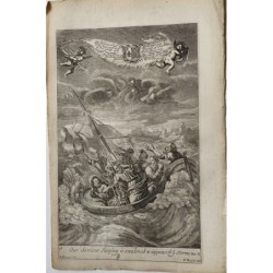 Bibbia. Gesù si risveglia e placa la tempesta. Incisione di P. Bouche da un disegno di G. Freman.