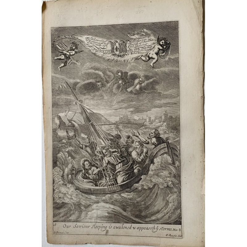 Bible. Jésus se réveille et apaise la tempête. Gravure de P. Bouche d'après un dessin de G. Freman.