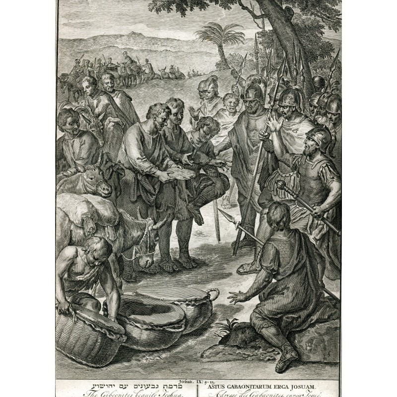 Die Gibeoniter täuschen Josua - Niederländische Bibelszenen - Antike Gravur (ca. 1720)