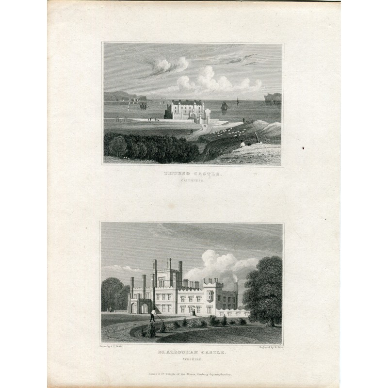 Escocia. Ayrshire.Thurso castle. Pareja de grabadosrabado, 1830 por R. Acon.