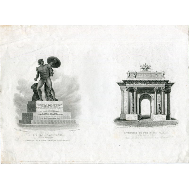 Statue d'Achille et entrée du palais du roi, gravures d'après un dessin de Thomas H. Shepherd