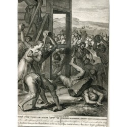Un blasphémateur lapidé – Scènes bibliques hollandaises – Gravure ancienne (vers 1720)