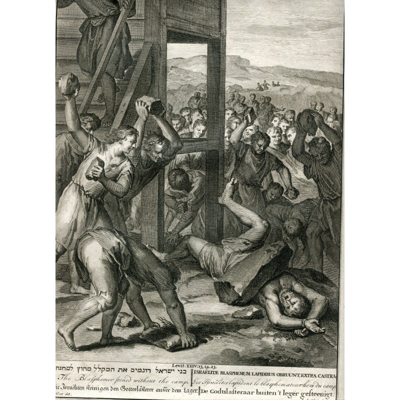 Un blasphémateur lapidé – Scènes bibliques hollandaises – Gravure ancienne (vers 1720)