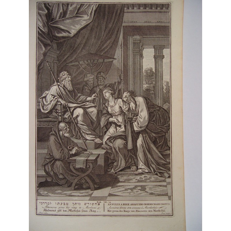 Assuérus donne son anneau à Mardochée - Scènes bibliques néerlandaises - Gravure ancienne (vers 1720)
