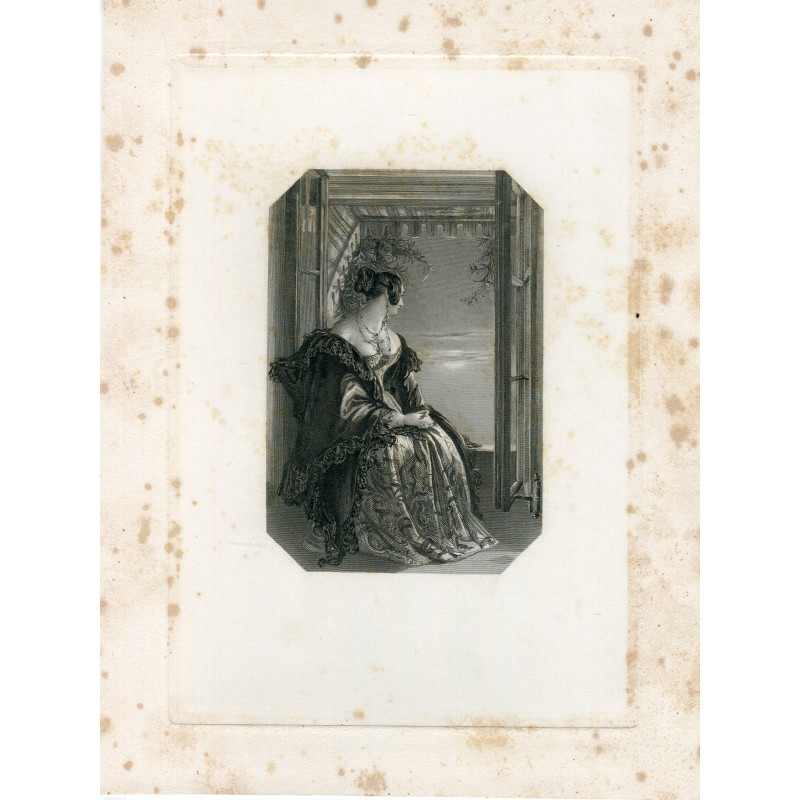 19th-century engraving. Lady looking out of a window