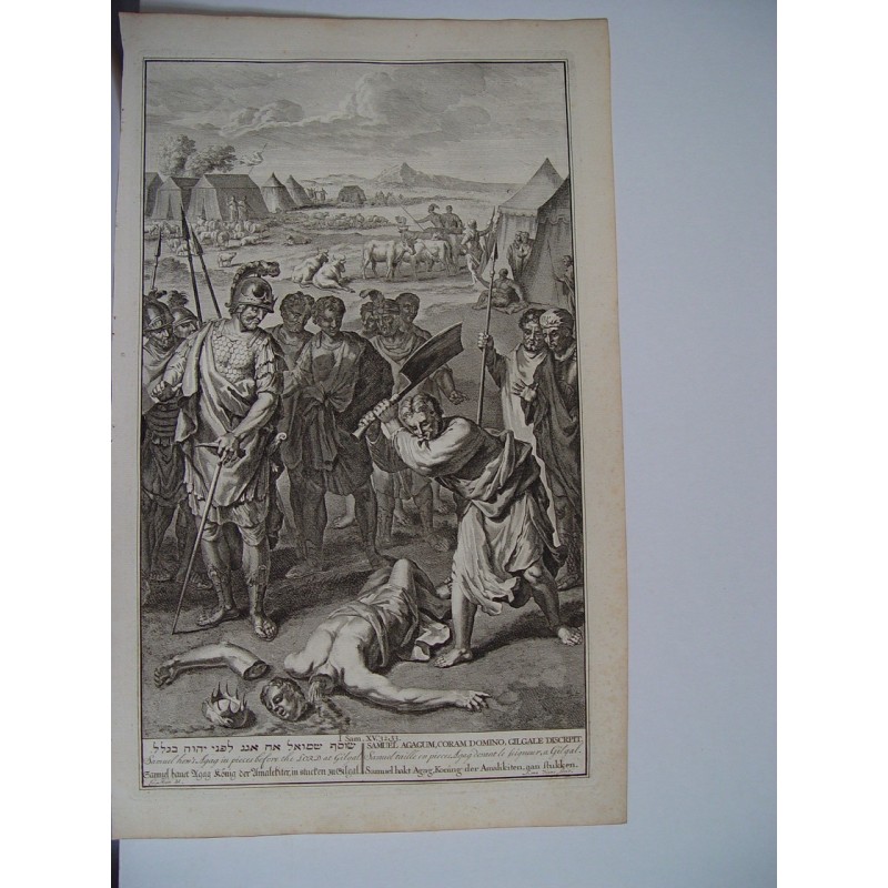 Samuele fece a pezzi Agag davanti al Signore a Ghilgal - Scene della Bibbia olandese - Incisione antica (c.1720)
