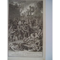 Nébuzaradan a incendié le Temple de Jérusalem - Scènes bibliques néerlandaises - Gravure ancienne (vers 1720)