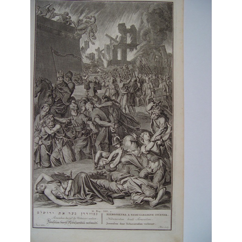 Nebuzaradan burned down the Temple of Jerusalem - Dutch Bible Scenes - Antique Engraving (c.1720)