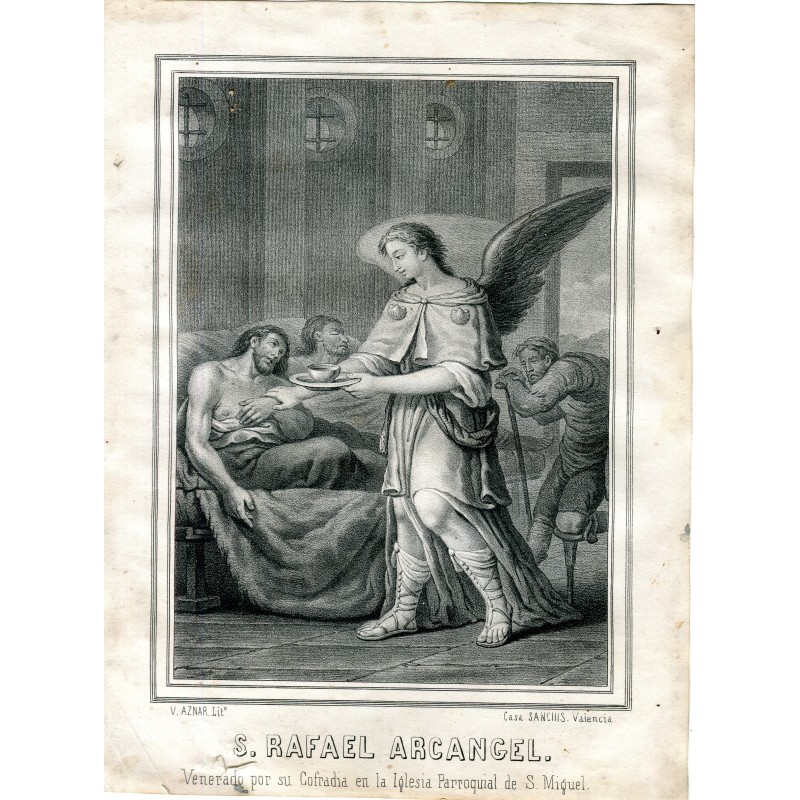 S. Rafel Arcangel lithograph by V. Aznar made at Sanchis House, Valencia