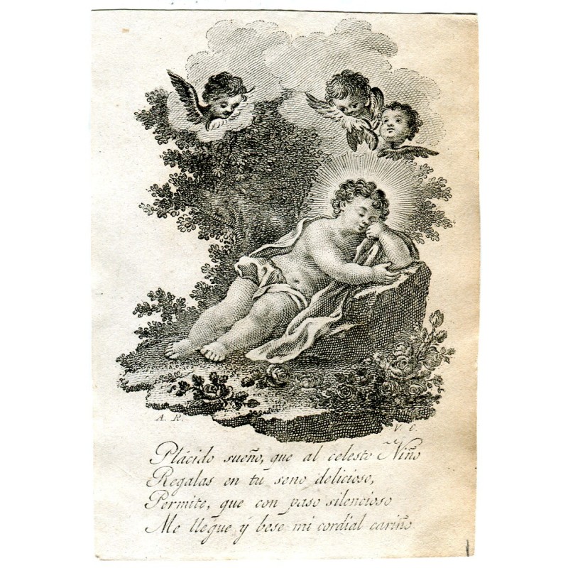 Gesù Bambino addormentato, incisione di Vicente Capilla da un disegno di A. Rodriguez.