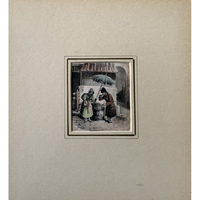 Pair of figures. Antique colored lithograph.