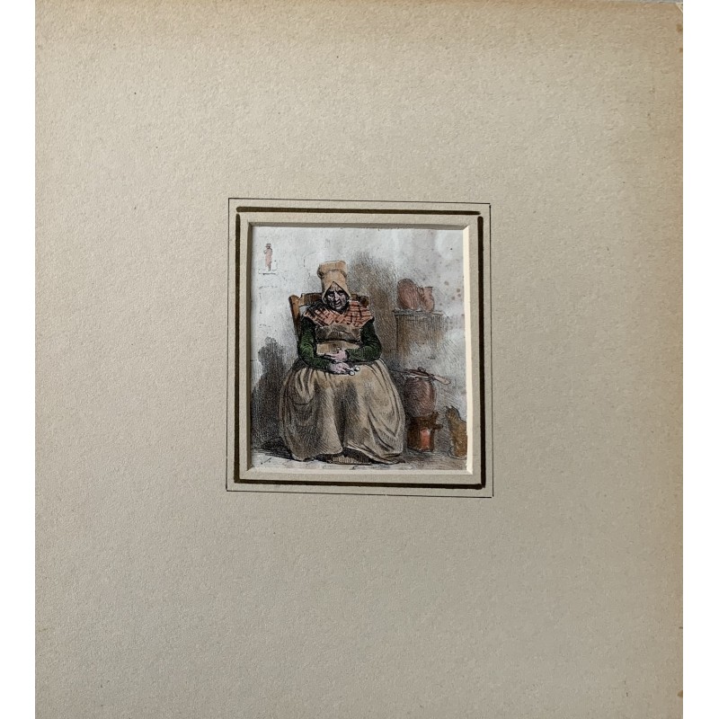 Seated Lady. Antique colored lithograph