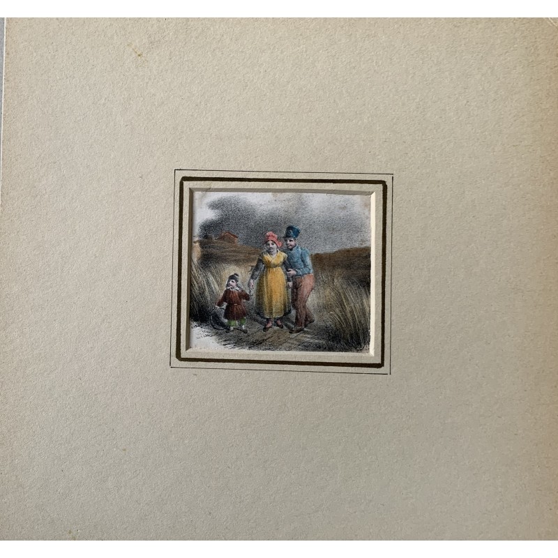 Bauernfamilie. Antike kolorierte Lithographie.