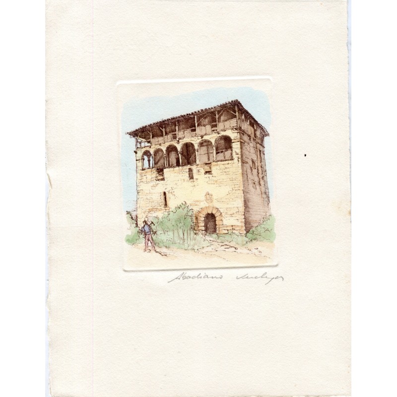 Tour Muntsaratz à Abadiano (Vizcaya) gravure en couleurs signée Verdaguer