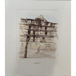 Lithographie de Morella (Castellón) coloriée par Verdager, signée au crayon.