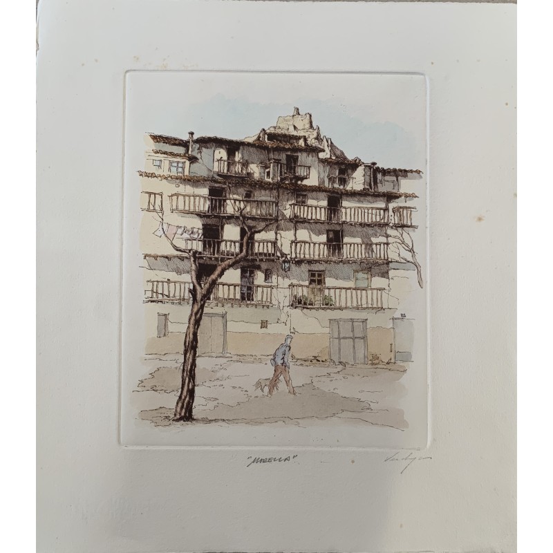 Morella (Castellón), kolorierte Lithografie von Verdager, mit Bleistift signiert.
