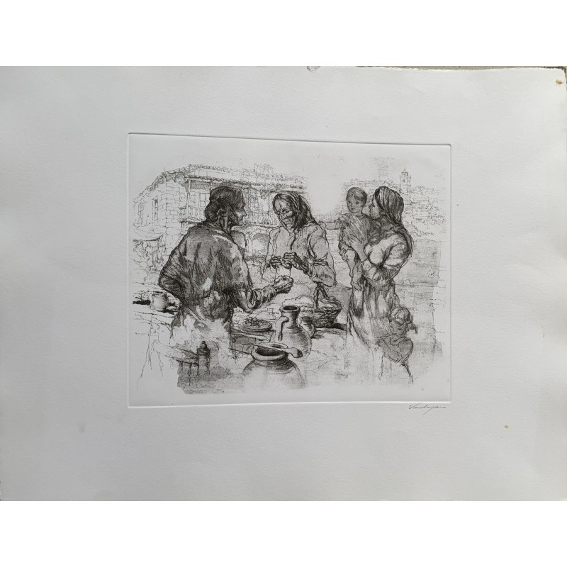 Scène costumbriste. Gravure signée par Verdaguer au crayon.