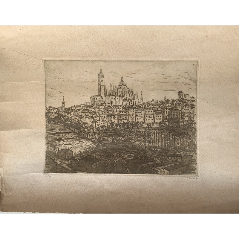 Ansicht von Segovia. Künstlerexemplar. Sehr seltene Radierung. Datiert 1955