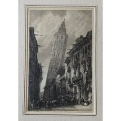 Schiefer Turm von Saragossa – Antiker Druck 1837.