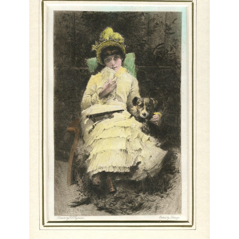 George L. Seymour 1800s Antique Etching 'Girl with a Dog'