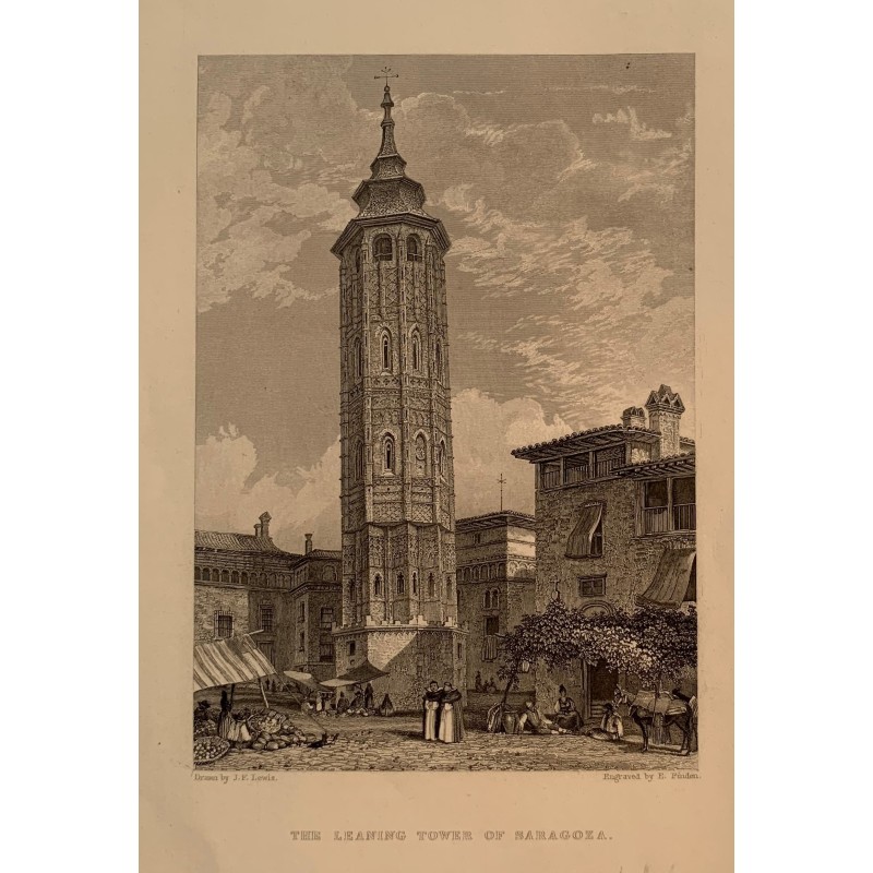 Tour penchée de Saragosse - Gravure ancienne du XIXe siècle