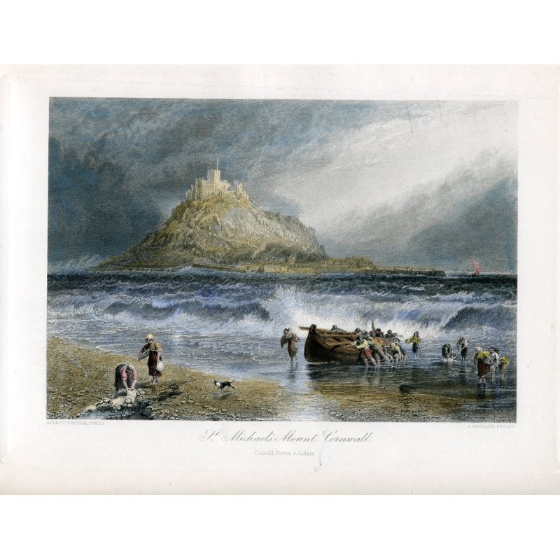 Inghilterra. Cornovaglia. St. Michael's Mount, incisione di J. Saddler da un'opera di Birket Foster