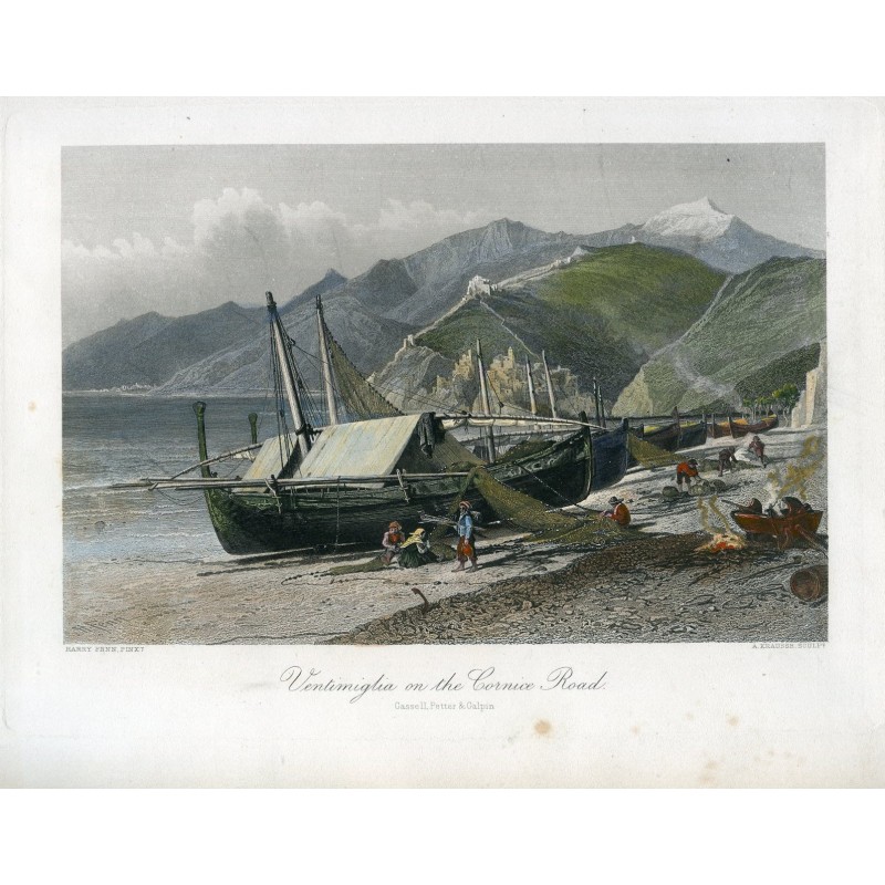 Italien. Ventimiglia an der Cornice Road. Kupferstich von A. Krausse nach einem Werk von Harry Fenn.