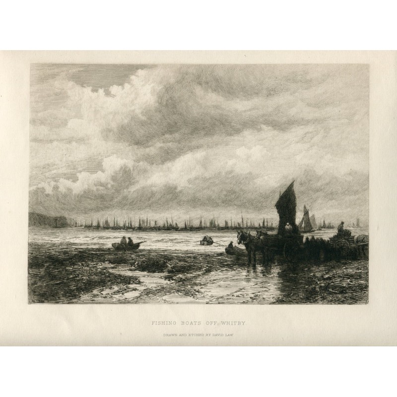 Angleterre. Bateaux de pêche au large de Whitby. Dessin et gravure de David Law.