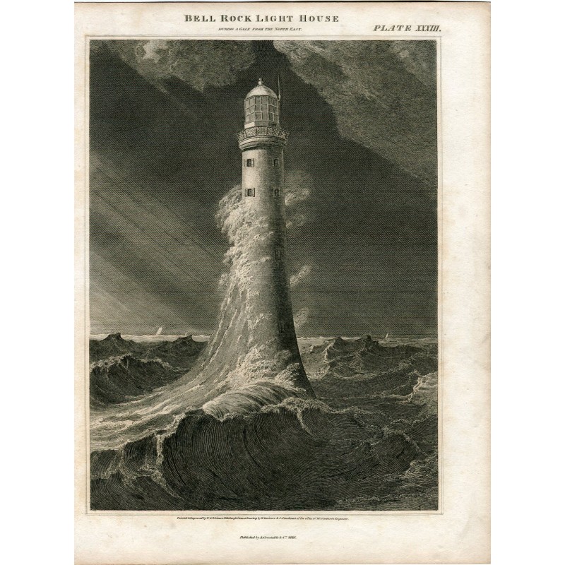Scotland. Bell Rock Lighthouse. Drawn and engraved by Lizars after W. Lorimer in 1816.