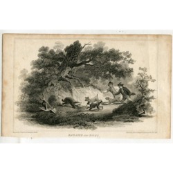 Badger and dogs engraved by J. Greig from a painting by L. Clenell and published in 1818