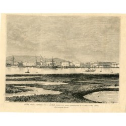 Ägypten. Suez. Gesamtansicht der Stadt von den Seen direkt am Kanalufer. Holzschnitt 1882