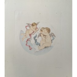 Gruppo di angeli Cupido. Litografia a colori firmata a matita da Verdaguer.