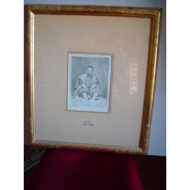 Goya etching. A dwarf (Don Sebastian de Morra), after Velazquez.