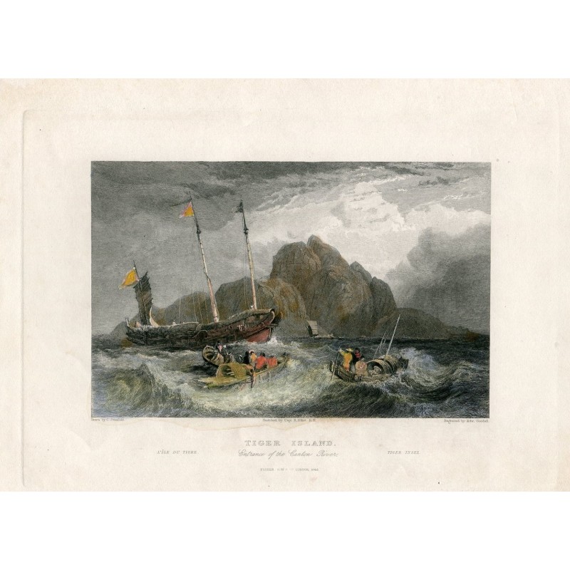 Chine. Île du Tigre, embouchure de la rivière Canton. Gravure coloriée par E. Goodall.
