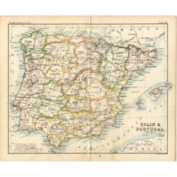Mapa de España y Portugal grabado en 1879 por John Bartholomew