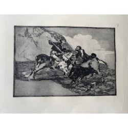 Goya etching. Bullfighting, plate 1, 1983 edition. 'The way in which the ancient Spaniards hunted bulls ...'.