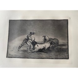 Goya etching. Bullfighting, plate 9, 1983 edition. 'A Spanish notle kills a bull after he has lost his horse'
